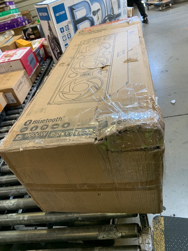 Photo 1 of QFX SBX-412300BT TWS Bluetooth Triple 12” Woofer Triple 1” Tweeter Recording High-Performance PA Cabinet Speaker with 10-Band Graphic EQ, 2 Microphone Inputs, Guitar Input, and AUX Input, Blue