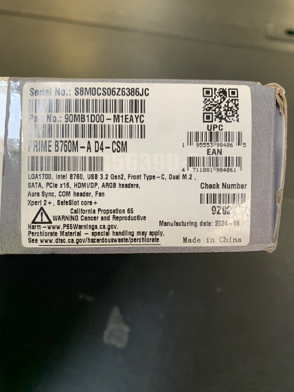 Photo 1 of ASUS Prime B760M-A D4-CSM Intel B760 (LGA 1700) mATX Commercial CSM Motherboard, PCIe 4.0, DDR4, 2X M.2, 2.5Gb LAN, DP, 2X HDMI, SATA 6 Gbps, USB Type-C, Aura Sync, ASUS Control Center Express