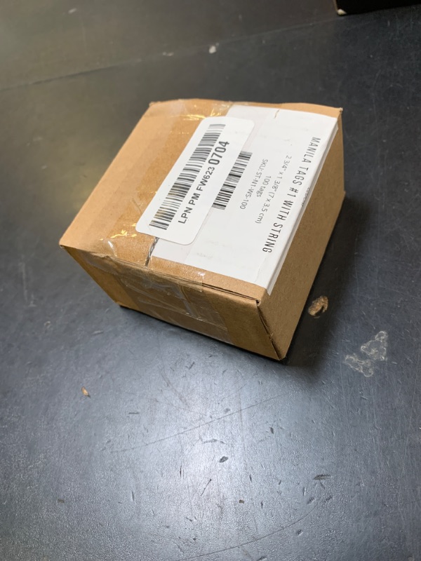 Photo 1 of 100 Small Manila Paper Tags with String - #1, 2 3/4” x 1 3/8” - Hang Shipping Labels with String Attached and Reinforced Hole, Pre-Strung Tags