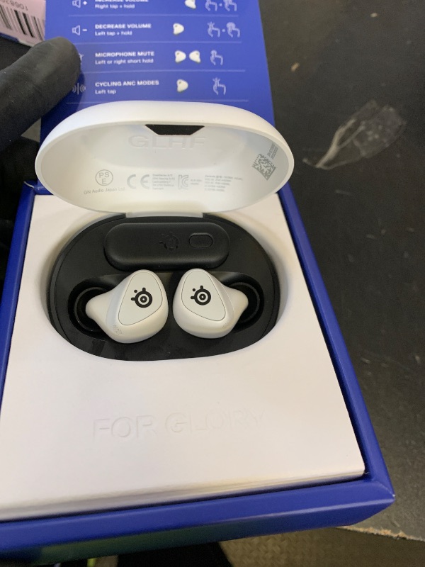 Photo 1 of MISSING CORD ----------------------------SteelSeries Arctis GameBuds for PlayStation/PC/Switch/Mobile — Quick-Switch 2.4GHz + Bluetooth 5.3 — Active Noise Cancelling — 100+ Game Audio Presets — 40H Battery with Qi Charging Case - White