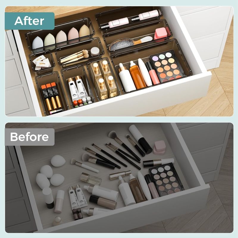 Photo 1 of Clear Plastic Drawer Organizer Set, 4 Varied Size storage Bins and Desk Drawer Organizer tool Trays for Makeup, Gadgets, Jewelry and Utensils in Bathroom, Bedroom and Office, Clear Black