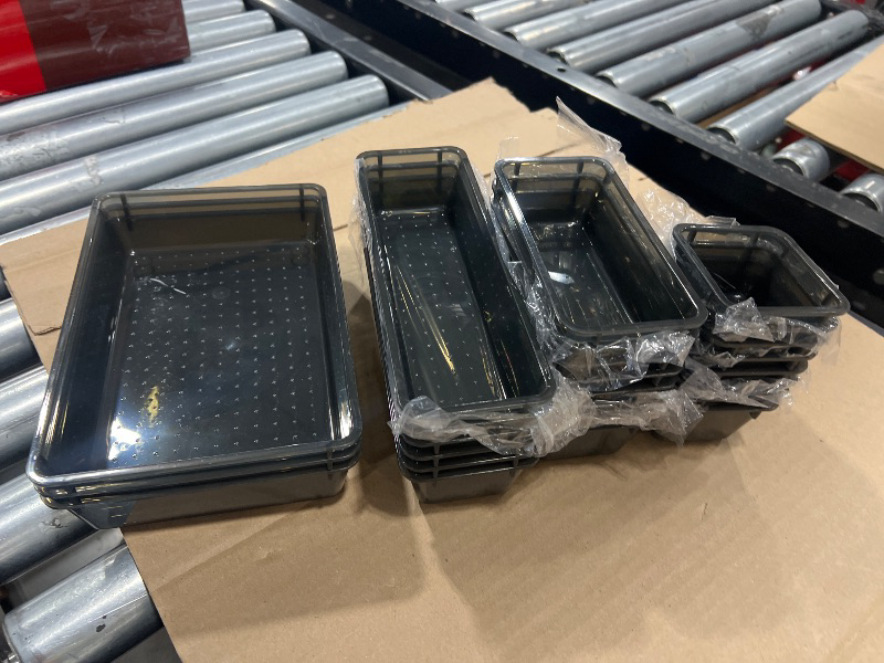 Photo 1 of Clear Plastic Drawer Organizer Set, 4 Varied Size storage Bins and Desk Drawer Organizer tool Trays for Makeup, Gadgets, Jewelry and Utensils in Bathroom, Bedroom and Office, Clear Black