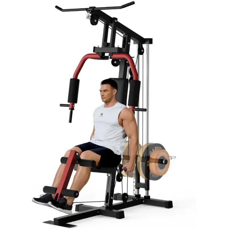 Photo 1 of GARVEE Home Gym Machine, Multifunctional Full Body Workout Equipment with Pulley System,Leg Press Support for Strength Training, Workout Station Suit for 1“&2” Holes of Weight Plates (Not Includ), Red&Black

