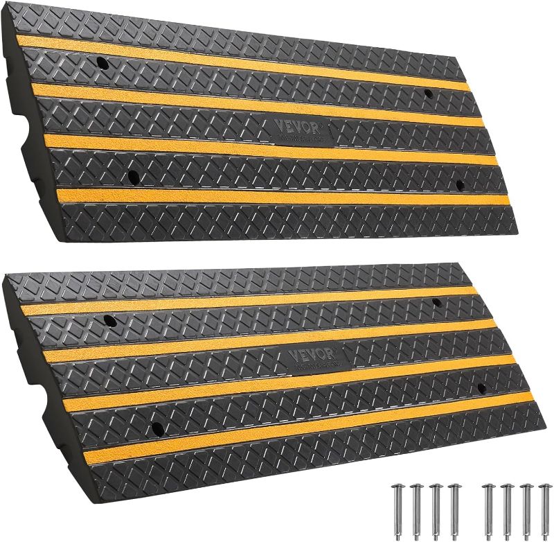 Photo 1 of VEVOR Car Driveway Rubber Curb Ramp, 2 Pack 48.8-inch-Long Heavy Duty Low Profile Slope Ramps, 2.6’’ Rise, 33069 lbs Load Capacity, Reflective Safety Strips, for Vehicles, RVs, and Wheelchairs
