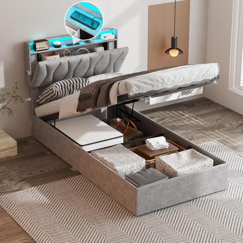 Photo 1 of Fameill Twin Size Lift Up Storage Bed Frame with Adjustable Headboard, Charging Station, LED Lights, Wood Slats, Noise-Free, No Box Spring Needed, Light Grey

