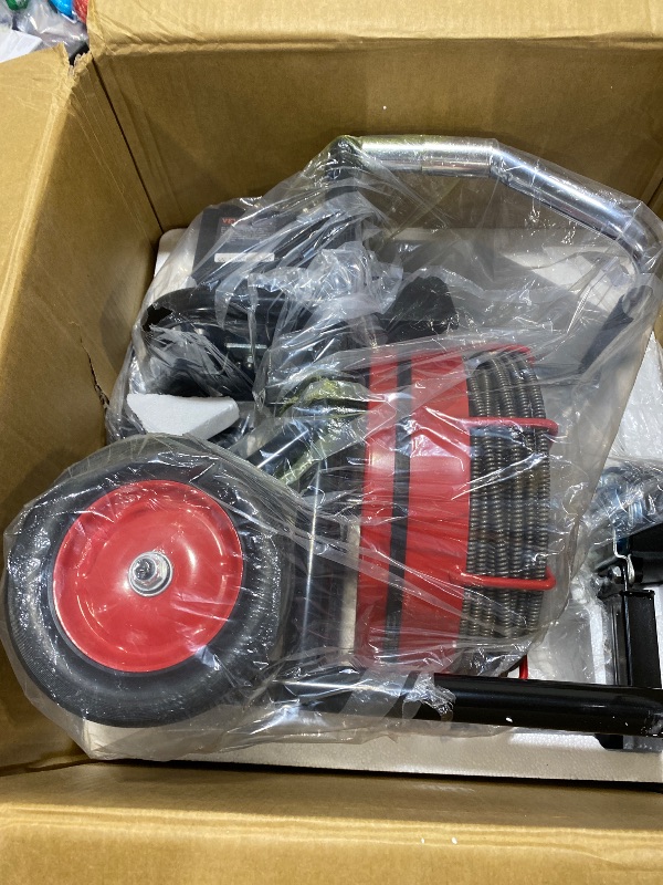 Photo 1 of VEVOR Drain Cleaner Machine 100FT x 3/8 Inch, Auto Feed Sewer Snake Auger on Wheels, 370W Portable Drain Cleaning Machine with 8 Cutters & Air-activated Foot Switch for 2" to 4" Pipes
