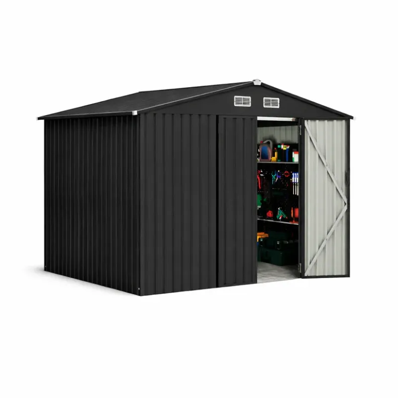 Photo 1 of Garvee Heavy Duty 8x10 FT Metal Outdoor Storage Outdoor Storage - Lockable Doors, Air Vent & Solar Light - Spacious Tool Utility Outdoor Storage with Installation Gloves for Backyard, Garden, Patio, Lawn - Dark Gray + Solar Light
