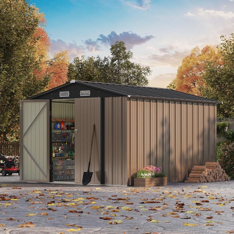 Photo 1 of Patiowell 8x10 FT Outdoor Storage Shed, Large Garden Tool Metal Shed with Sloping Roof and Double Lockable Door, Outdoor Shed for Backyard Garden Patio Lawn, Brown
