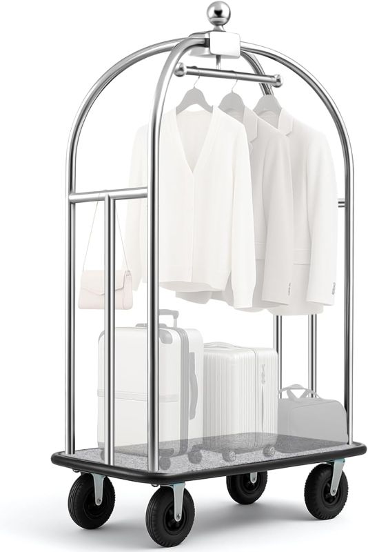 Photo 1 of 42 x 25.5 x 73 Silver Hotel Luggage Cart Heavy Duty Bellman's Cart with 1.5" Welded Steel Frame 8" Pneu Wheel Stainless Steel Luggage Carrier Trolley, Travel Outdoor Use, 1200 lb Load Capacity