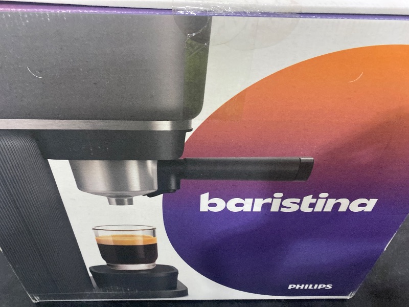 Photo 1 of Philips Baristina Espresso Machine, Grind, Tamp & Brew Coffee Beans in One Swipe, Compact, 16 Bar Pump Pressure, Automatic Grinder, Black with Berry Red Portafilter (BAR301/60)