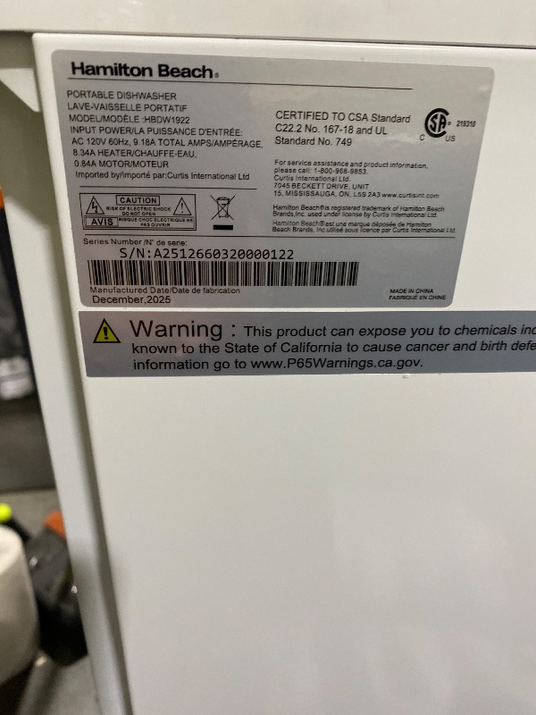 Photo 1 of HAMILTON BEACH Portable Dishwasher with Wheels, 19in Wide, 8 Place Settings Capacity, White