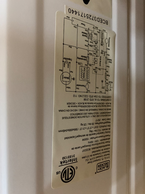 Photo 1 of MAJOR DAMAGE------------------SELLING FOR PARTS ONLY--------------------------BLACK+DECKER BCED37 Compact Dryer for Standard Wall Outlet, Small, 4 Modes, Load Volume 13.2 lbs., White