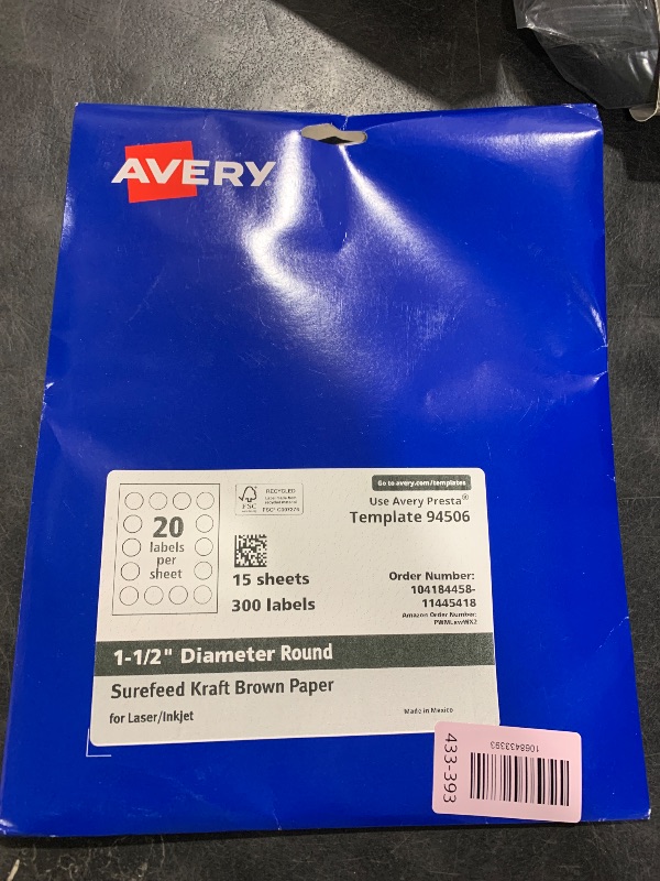 Photo 1 of Avery Kraft Brown Round Labels, Sure Feed Technology, 1.5" Diameter, 300 Kraft Brown Labels, Print-to-The-Edge, Laser/Inkjet Printable