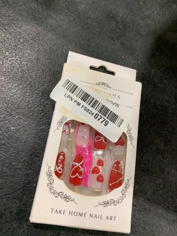 Photo 1 of 24pcs Valentine's Press On Nails Set Medium Almond Fake Nails 3D Love, Bow, Pearl & Gem Beads Rhinestones Design French False Nails Y2k Handmade Holiday Nail Red Heart Glue on Nails for Women