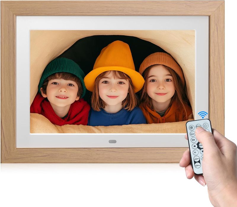 Photo 1 of 10.1" Digital Picture Frame with Remote Control, 1280 * 800 IPS Full View Ultra Clear Screen, Removable Wooden Frame, Share Videos Photos Send Wishes Auto-Rotate Slideshow Non-WiFi