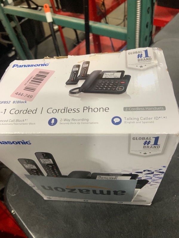 Photo 1 of Panasonic Corded Phone/Cordless Phone with Answering Machine, Advanced Call Block and 2-Way Recording, 2 Handsets Expandable up to 6 Cordless Handsets - KX-TGF852B (Black)