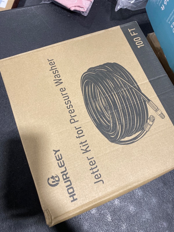 Photo 1 of Hourleey Sewer Jetter Kit for Pressure Washer 100FT, Drain Cleaner Hose 1/4 Inch NPT, Orifice 4.0 Button Nose and Rotating Sewer Jetting Nozzle Spanner Tape Pearl Corsage Pin, 4000 PSI