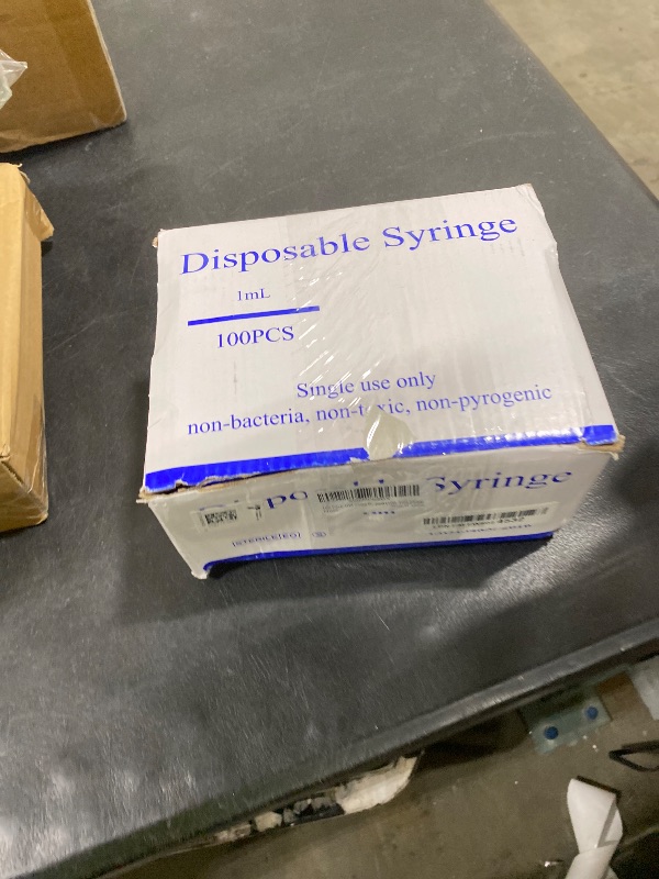 Photo 1 of 100 Pack 1ml 25Ga Plastic Syringe with Measurement for Scientific Labs, Industrial Dispensing Animal and Pet Supplies, Disposable Individually Wrapped (100, 1ml 25Ga)