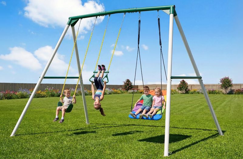 Photo 1 of Hapfan 9.5' Tall Swing Sets for Backyard with Platform Swing, Heavy Duty Metal Swingset Outdoor for Kids with Trapeze Bar