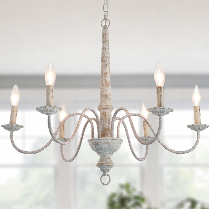 Photo 1 of ZIRALIO 6-Lights French Country Chandelier Farmhouse Rustic Distressed Wood Chandelier Vintage Modern Candle Style Metal Wooden Chandeliers for Dining Room, Living Room, Kitchen Island, Bedroom, E12