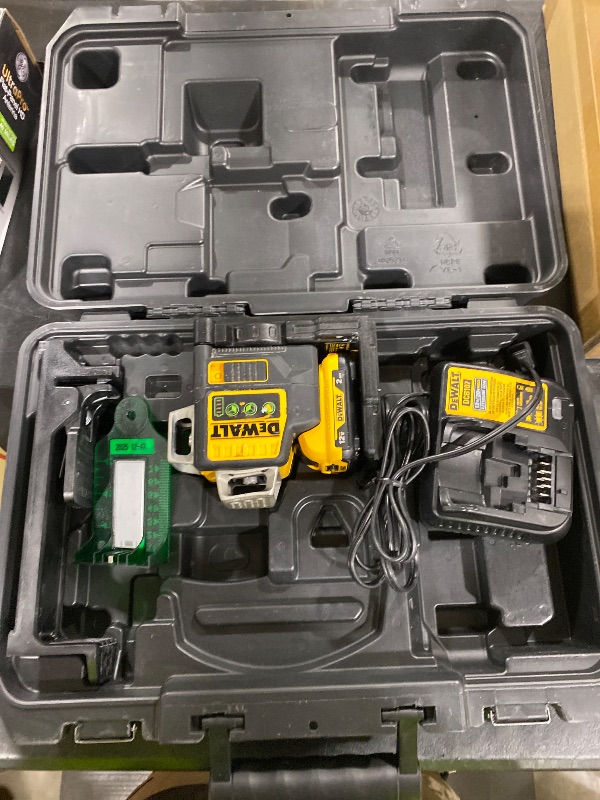 Photo 1 of DEWALT Laser Level 360 Self Leveling, 3 Way Green Laser Leveler Tool 12V MAX with 2.0Ah Battery, Charger and Durable Carrying Case, 100 Ft, Tripod Compatible (DW089LG)