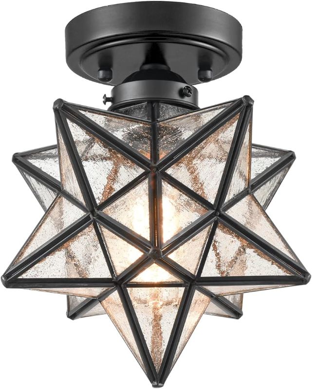 Photo 1 of Moravian Star Light Flush Mount Ceiling Light Black with Seeded Glass Shade for Living Room Bedroom Kitchen Hallway
