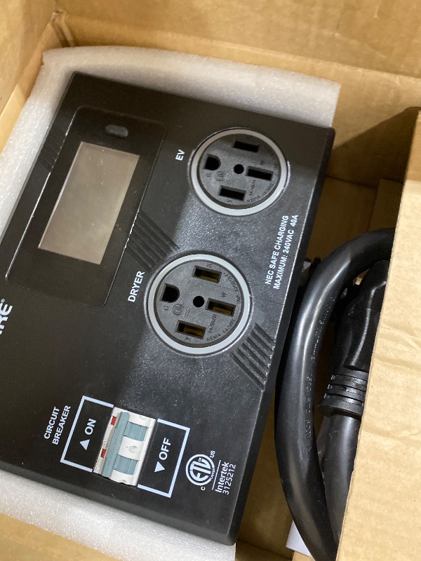 Photo 1 of Smart NEMA Socket Splitter 240V for EVs, Auto Power Switch for Level 2 Dual Electric Vehicle (EV) Charging, 3-Color LED Ring, 3.4" LCD Display, No Rewiring Needed, ETL Certified (40 Amp, NEMA 14-50)