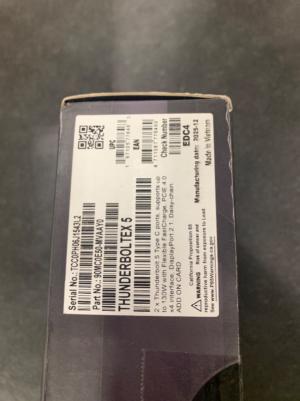 Photo 1 of ASUS ThunderboltEX 5 Expansion Card – Dual Thunderbolt™ 5 USB-C Ports, 120Gbps Bandwidth, DisplayPort™ 2.1, PCIe 4.0 x4, USB4®, Compatible for Intel 800 Series Motherboards