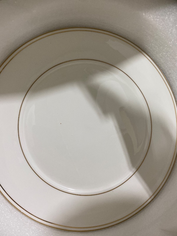 Photo 1 of KINGSTONE Bone China Dinnerware Set, 12-Piece Dishes Set for 4, Elegant Gold Trim Ceramic Plates & Bowls, Lightweight Translucent Dishware for Home Dining, Festival Banquet, Party & Gift( 2 small plates are missing) 