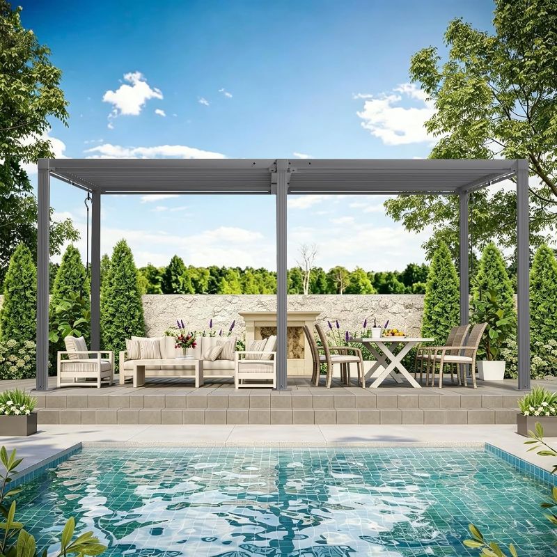 Photo 1 of Louvered Pergola 12' x 16', Outdoor Aluminum Pergola with Reinforced Steel Roof, Heavy-Duty Hardtop Gazebo for Backyard Deck, Weatherproof Sun Shade Shelter, Grey