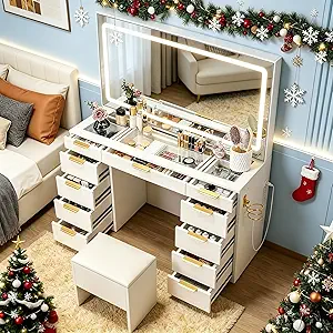Photo 1 of Pamapic Glass Top Vanity Desk with Mirror and Lights, 11 Drawers Makeup Vanity with Charging Station and Chair, Golden Handles Dressing Table, 3 Lighting Modes Makeup Table, White