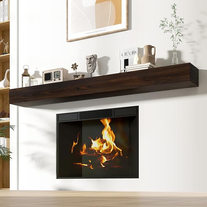 Photo 1 of Acovy Floating Fireplace Mantel Shelves, 84x8x5 Inches Natural Wooden Floating Shelf for Over Fireplace, Wall-Mounted Mantel Shelf for Living Room and Home Decor, Rustic Brown