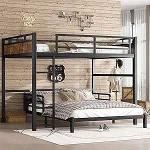 Photo 1 of Queen Over Queen Metal Bunk Bed, Heavy Duty Convertible Bunk Bed Frame with Headboard & Full Guardrails, Can Be Split into Two Platform Beds or Loft Bed, Vintage