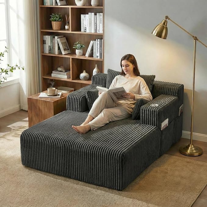 Photo 1 of Oversized Chaise Lounge Indoor, Upholstered Sofa Bed with 1 Cup Holders & 4 Side Pockets, No Assembly Required Corduroy Reading Chair, Small Couches for Small Spaces, Grey - PICTURE FOR REFERENCE ONLY