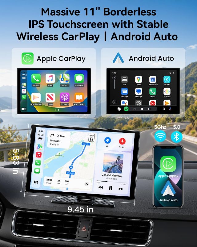 Photo 1 of 11'' Wireless CarPlay Screen with 4K Dash Cam, HD Touchscreen | 11'' HD laminated touchscreen with wireless CarPlay, Android Auto, 4K front camera, 5GHz WiFi, Bluetooth and phone mirroring.