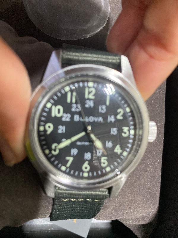 Photo 1 of Bulova Men's Military Heritage Hack Veteran's Watchmaking Initiative Watch in Stainless Steel with 3-Hand Automatic, Green NATO Strap Style: 96A259