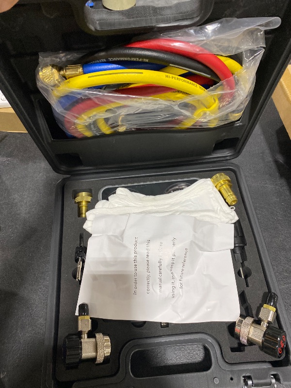 Photo 1 of Lichamp AC R1234YF R134A Gauge Set, Automotive 4 Valve Manifold Gauge Compatible with R1234YF R134A and R404A Refrigerants, Works on Car Freon Charging and Evacuation