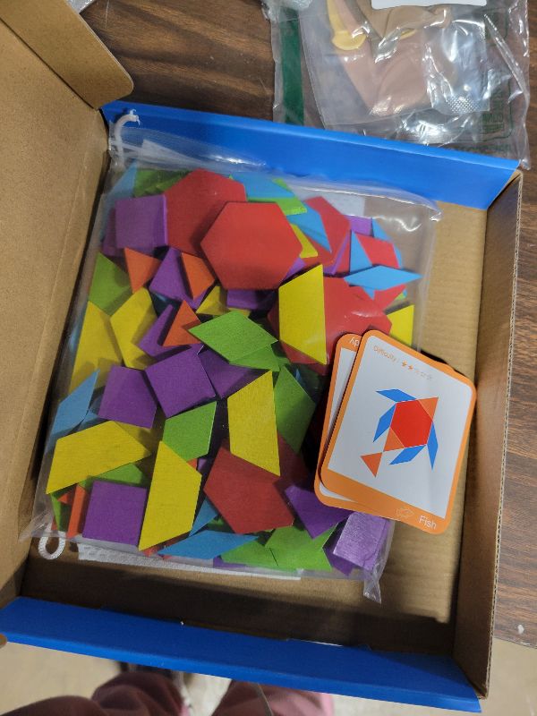 Photo 1 of 155 PCS Wooden Pattern Blocks Set, 24 Double-Sided Design Cards(48 Patterns) Geometric Shape Puzzle Fun Tangram Montessori Learning Toys for Kids Ages 4-8 (A Storage Bag & A Gift Box)