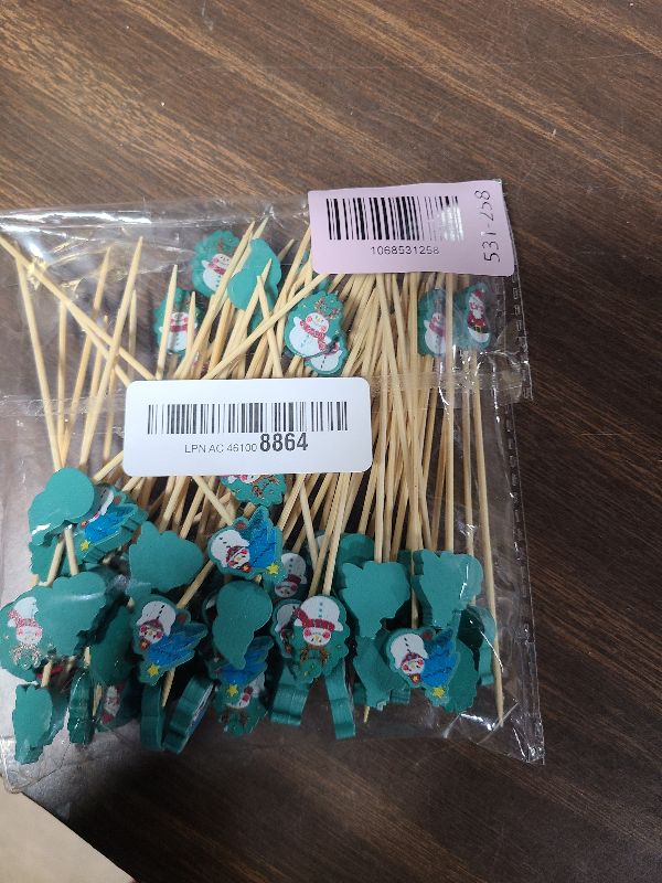Photo 1 of 100 PCS Bamboo Cocktail Picks, Xmas Decorative Toothpicks Skewers for Appetizers, Fruits and Drink Garnish, Christmas Party Supplies