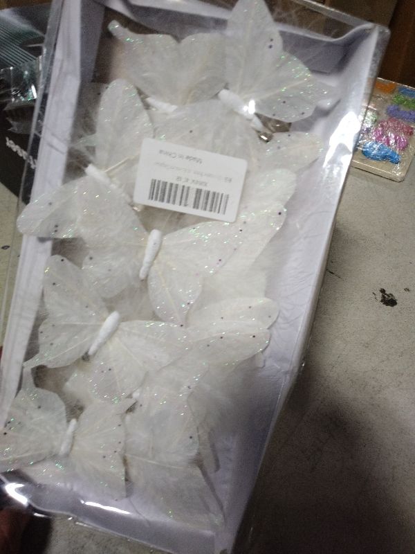 Photo 1 of 12PCS White Feather Butterfly Glitter Butterflies Decor with Clip for Christmas Tree Wreaths Garden Decorations (Sequins)
