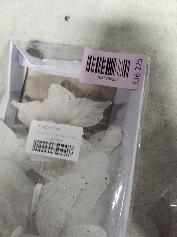 Photo 1 of 12PCS White Feather Butterfly Glitter Butterflies Decor with Clip for Christmas Tree Wreaths Garden Decorations (Sequins)