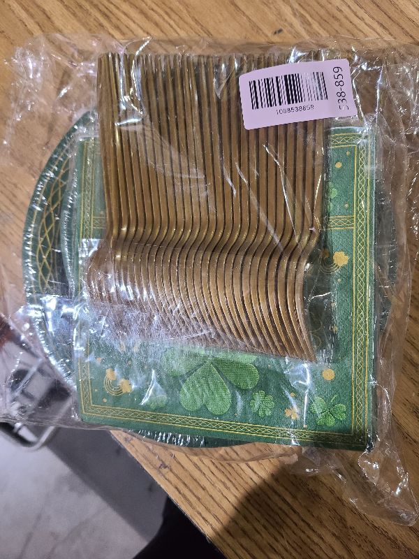 Photo 1 of 100 Pcs St. Patrick's Day Tableware Party Supplies, Serves 25, Disposable Green Clover and Lucky Design Paper Plates, Napkins, and Gold Forks, St. Paddy's Day Dinner, Irish or Spring Decorations