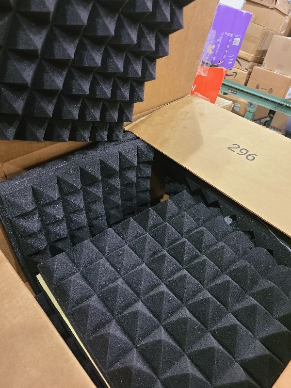 Photo 1 of 12 Pack Pyramid Sound Proof Foam Panels for Walls with Updated Self-Adhesive 2"X12"X12" High Density Acoustic Panels Sound Absorbing Fast-Expanding Soundproof Wall Panels for Gaming Studio Decor-Black