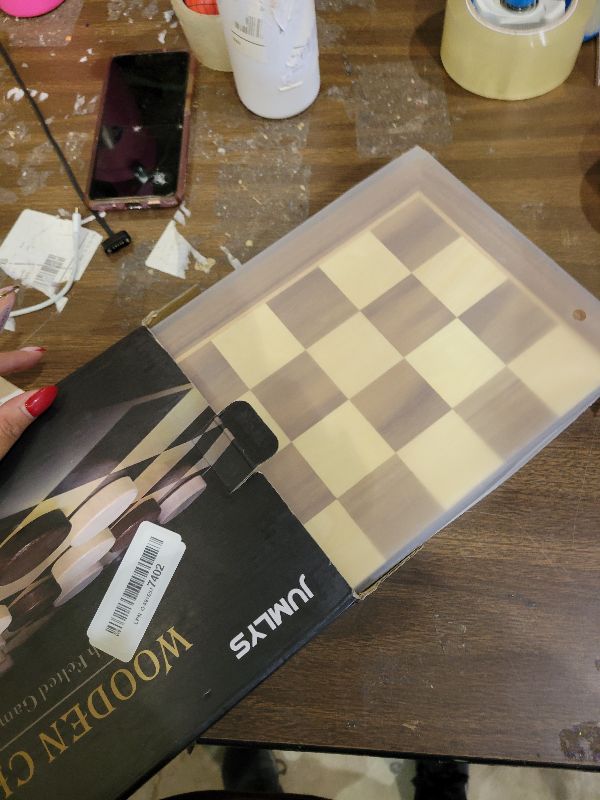 Photo 1 of 2 in 1 Magnetic Chess Set & Checkers Board Game, 15" Wooden Folding Chess Board with 2 Extra Queens, Portable Travel Chess Set with Pieces Storage Slots, Beginner Chess Board Game for Adults & Kids