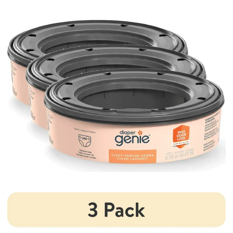 Photo 1 of (3 pack) Diaper Genie Refill, Clean Laundry Scent, Max Odor Lock, 6.4m (21 ft), Holds Up to 270 Newborn