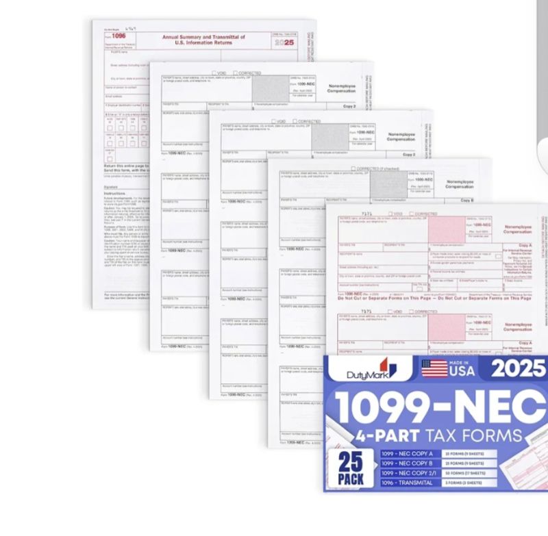 Photo 1 of 1099 NEC Forms 2025 4 Part Tax Forms Kit of Laser Forms, Compatible with QuickBooks and Accounting, 25 Pack, Software and Envelopes NOT Included, Made in The USA