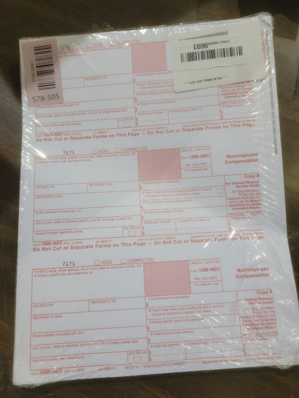 Photo 1 of 1099 NEC Forms 2025 4 Part Tax Forms Kit of Laser Forms, Compatible with QuickBooks and Accounting, 25 Pack, Software and Envelopes NOT Included, Made in The USA