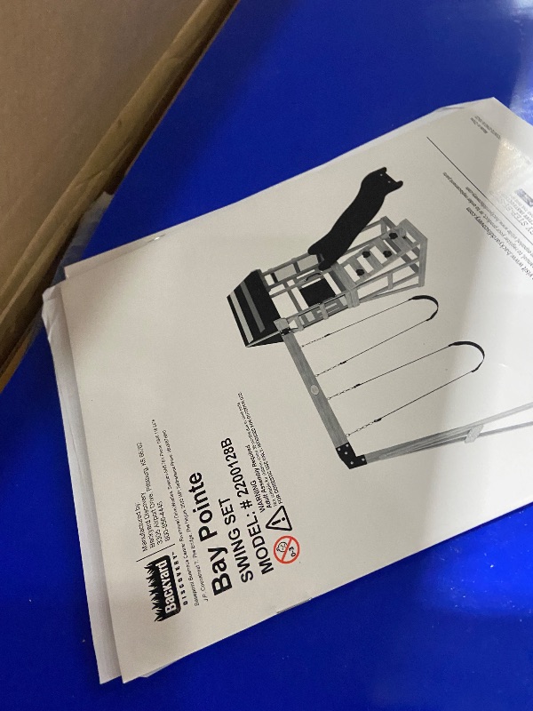 Photo 1 of ***BOX 1 OF 2, MISSING BOX 2*** Backyard Discovery Bay Pointe Cedar Wood Swing Set with Wave Slide, Play Deck, Rock Wall Ladder, Belt Swings, Chalkboard, Canopy Roof, Outdoor Playset