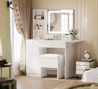 Photo 1 of  Vanity Desk Set With Led Lighted Mirror & Power Outlet, Makeup Table Top with 3 Open Bookcases, 3 Cubbies, 2 Drawers, Dresser Table for Bedroom, Checkroom