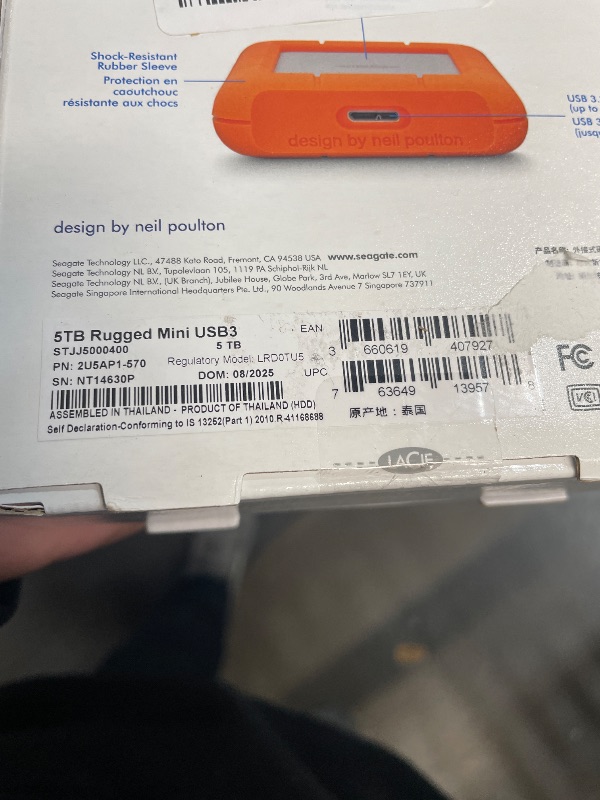 Photo 3 of LaCie Rugged Mini, 5T,B USB 3.0 Portable 2.5 inch External Hard Drive for PC and Mac, Orange/Grey, with Rescue Services (STJJ5000400)